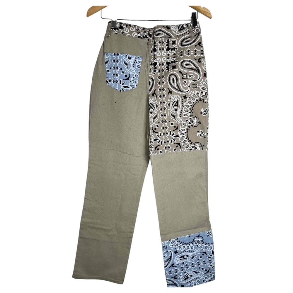 New Boohoo Women's Patchwork Boho‎ Bandana Khaki Denim Pants - Picture 2 of 9